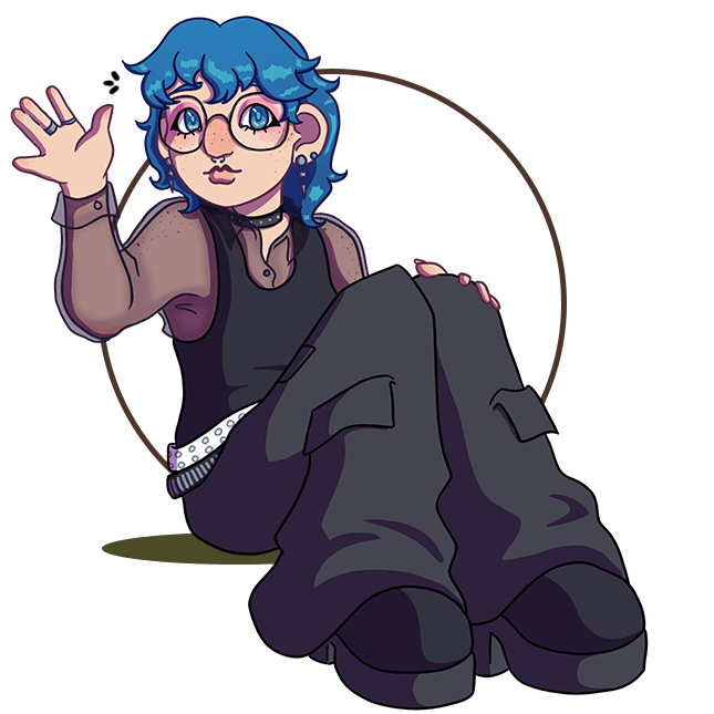 Cartoon illustration of a person with glasses and blue hair