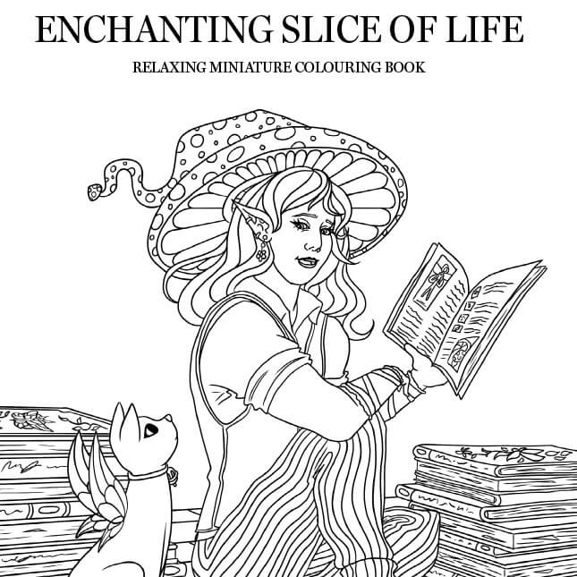 Prototype colouring book cover with lineart of a studying witch