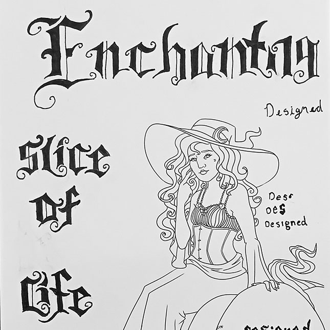 Photograph of a paper with the Enchanting Slice of Life Wordmark sketch