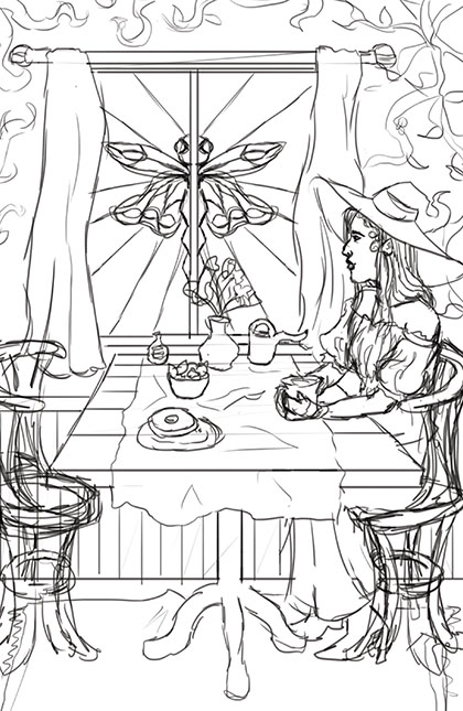 Sketch of a witch eating breakfast