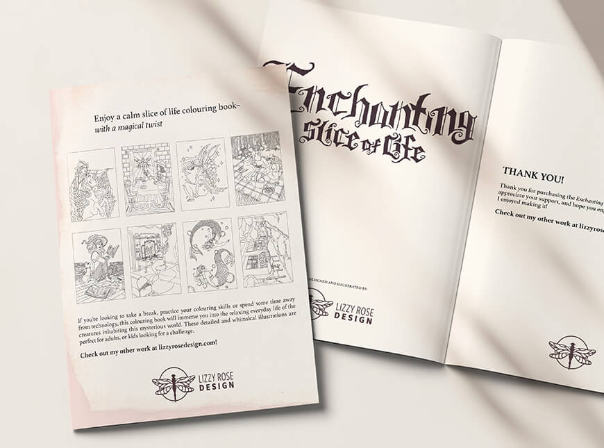 Back cover of colouring book with opening spread behind it