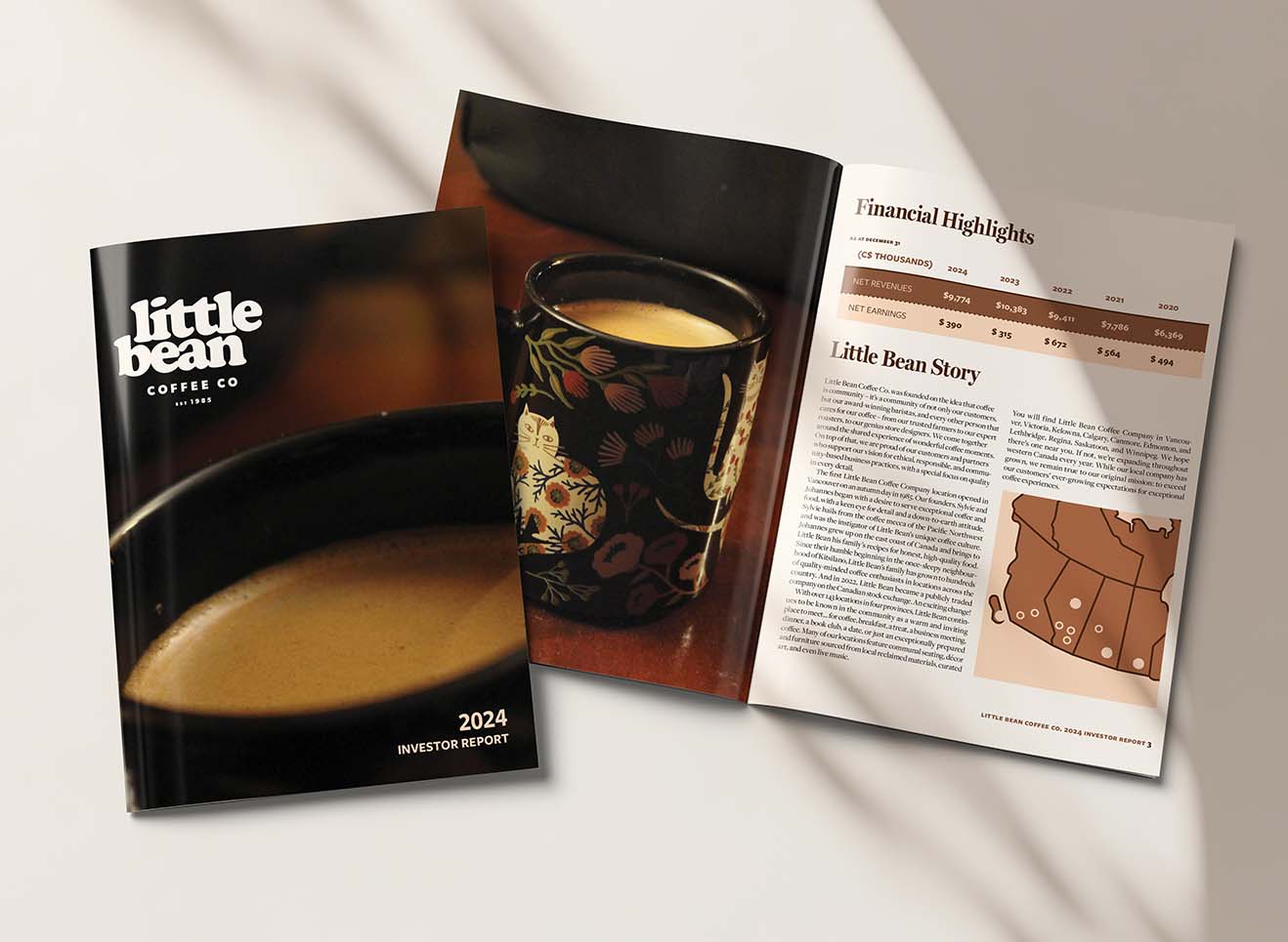 Report cover with a photo of a cup of coffee on it, and a spread with tables, a map and more coffee photography