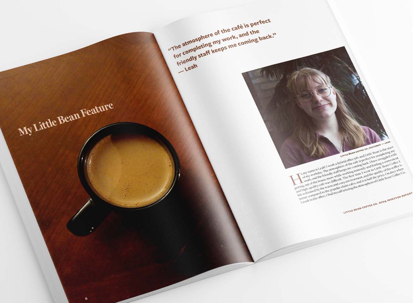 Open report with coffee cup on left page and photo of woman on the right page