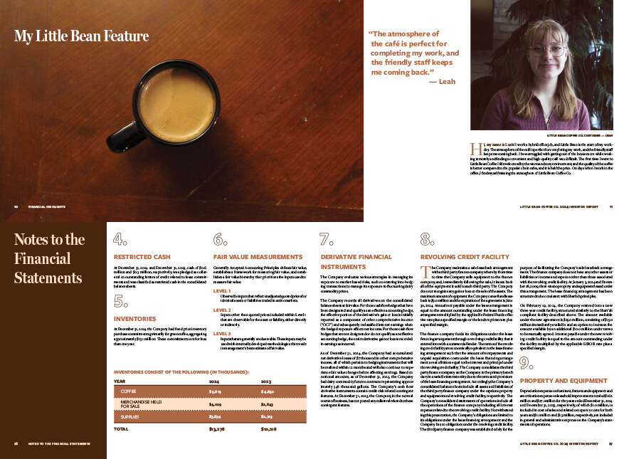 Two flat images of concept spreads. One with a coffee cup and photo of a woman, and the other with text and tables