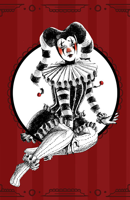 Illustration of a black and white clown with red striped background