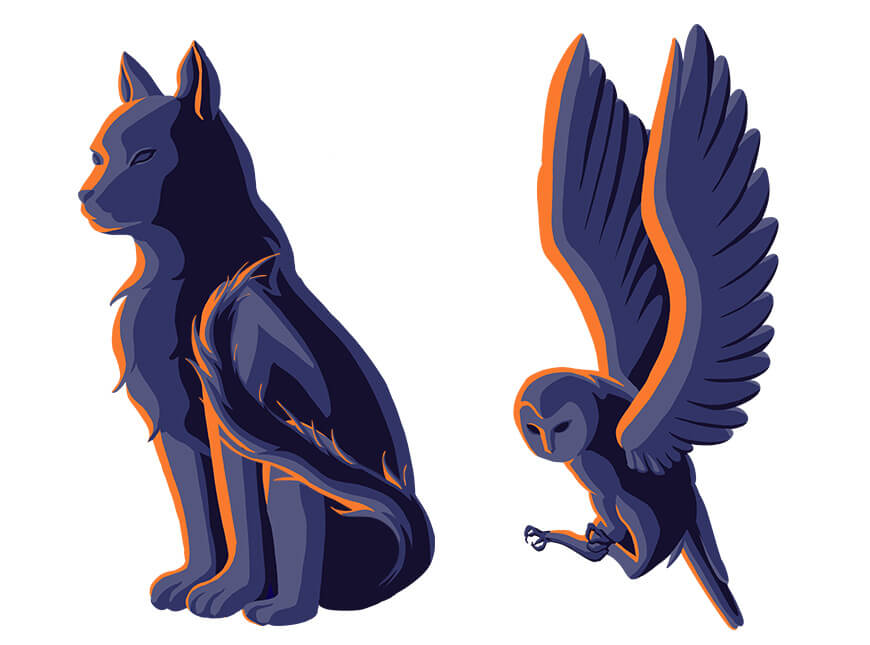 Cat and owl digital illustrations
