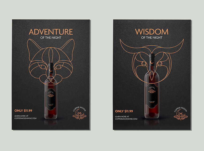 Print ads of wine bottles and illustrations of a owl and cat