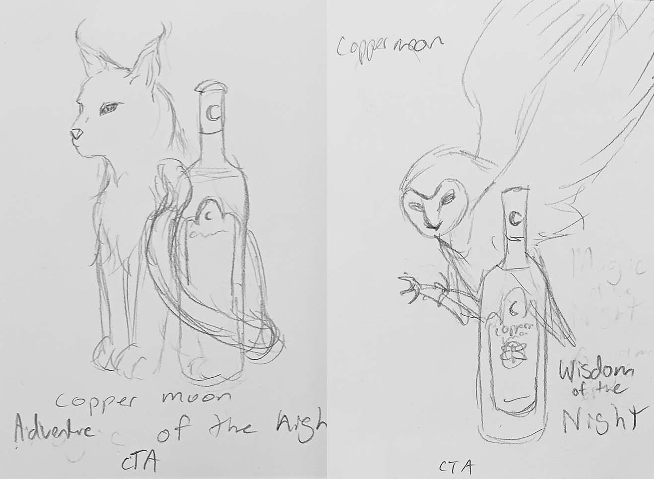 Sketches of cat and owl behind wine bottle