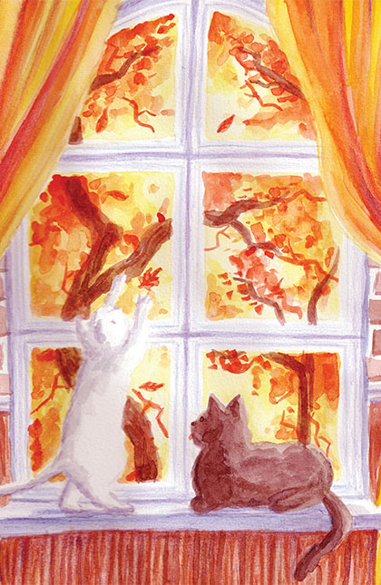 Watercolour painting of black and white cat infront of a window, with trees outside