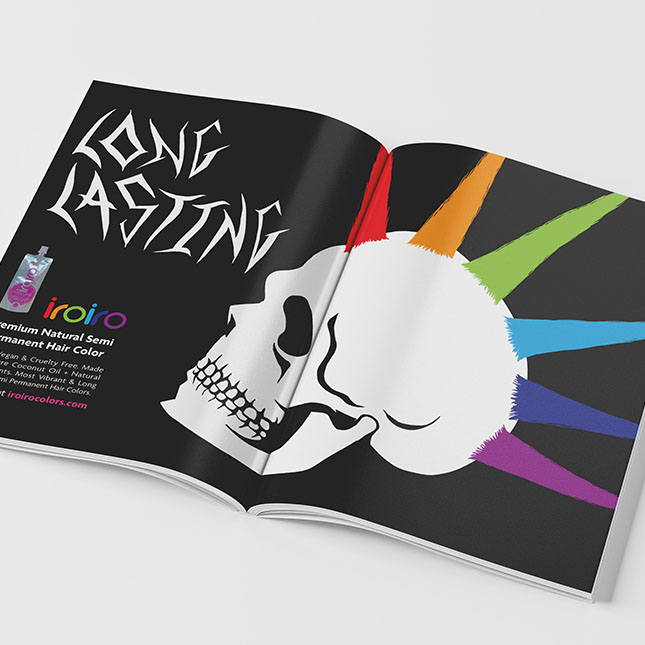 Open magazine spread with a skull with a rainbow mohawk and the headline long lasting