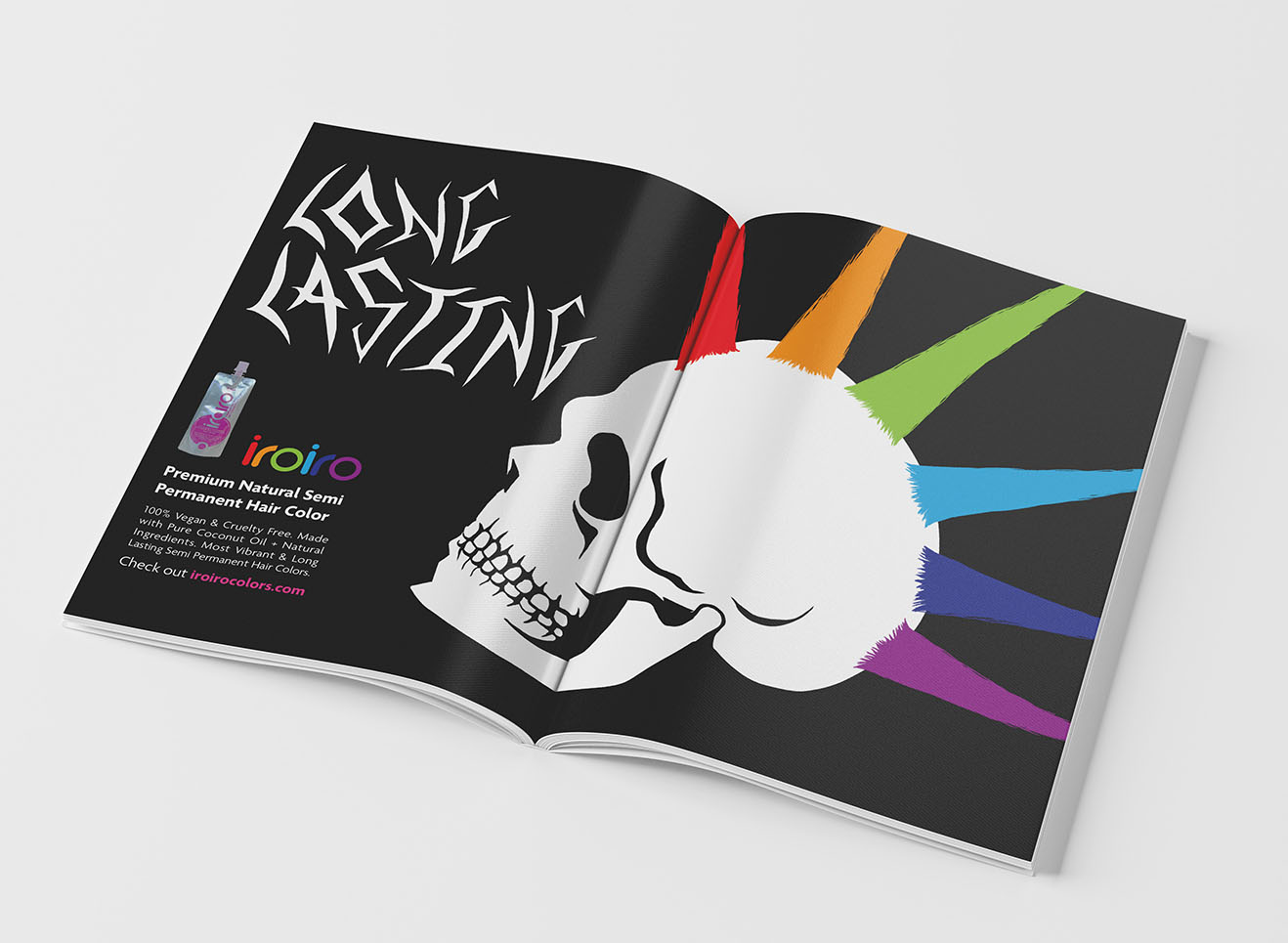 Open magazine spread with a skull with a rainbow mohawk and the headline long lasting