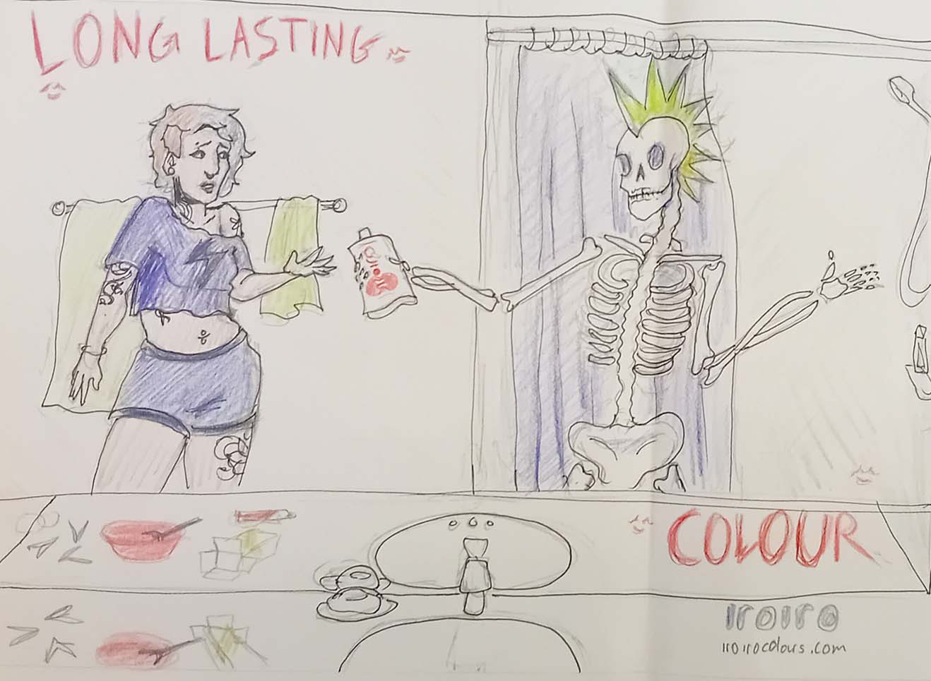Sketch of skeleton dying hair and a sketch of a woman holding Iroiro hairdye