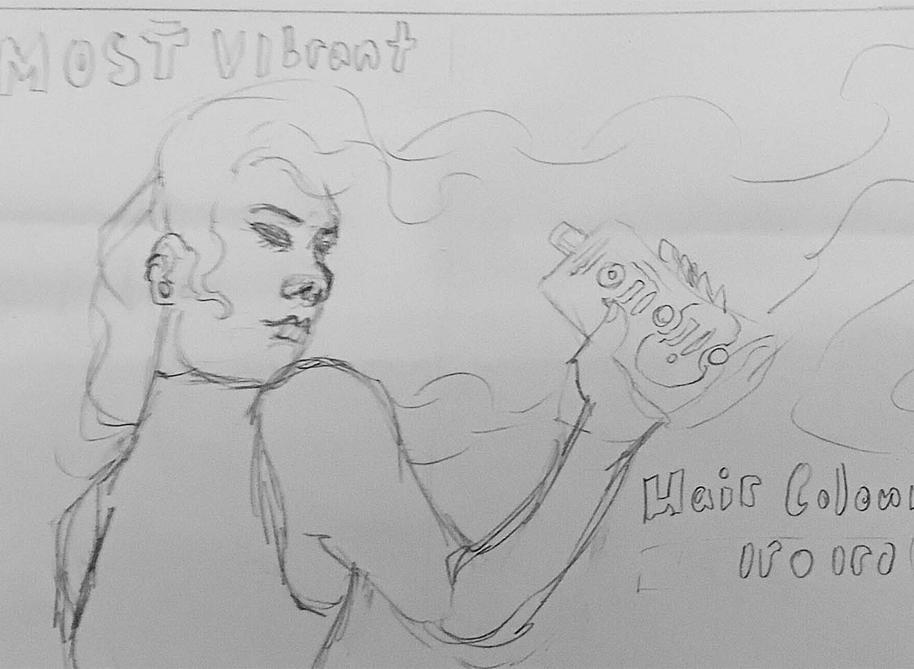 Sketch of skeleton dying hair and a sketch of a woman holding Iroiro hairdye