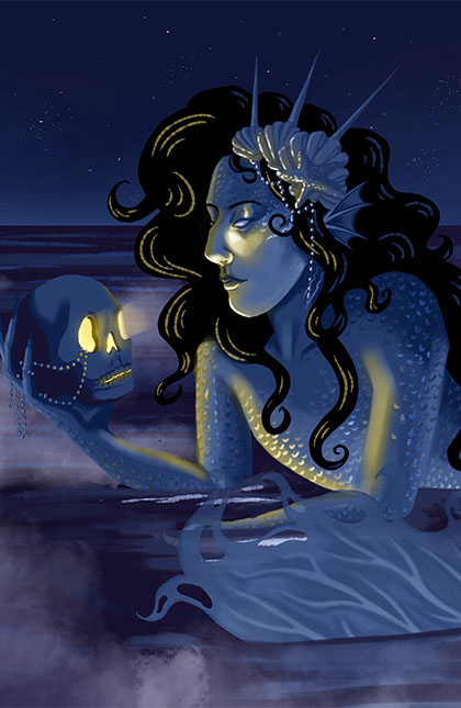 Painting of a siren holding a human skull in the ocean and night