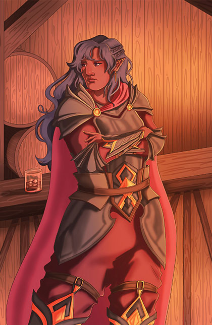 Illustration of a armoured elf in a tavern