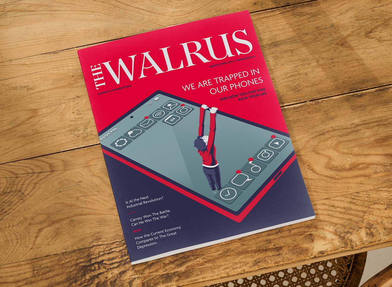 Magazine cover with a illustration of a person falling into a phone