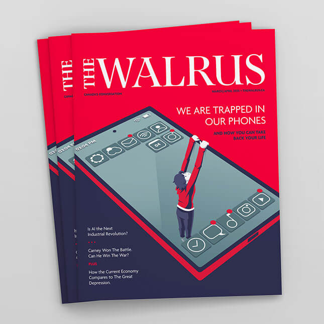 Magazine cover with a illustration of a person falling into a phone