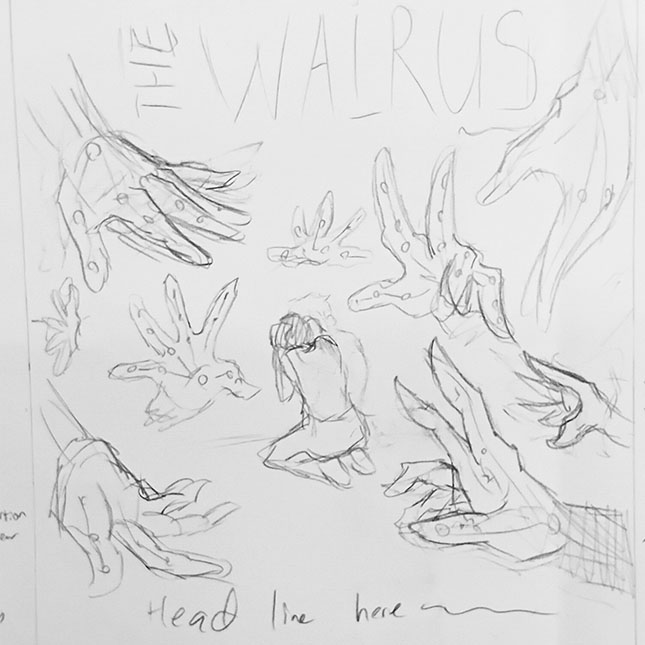 Sketch of robot hands reaching for scared person