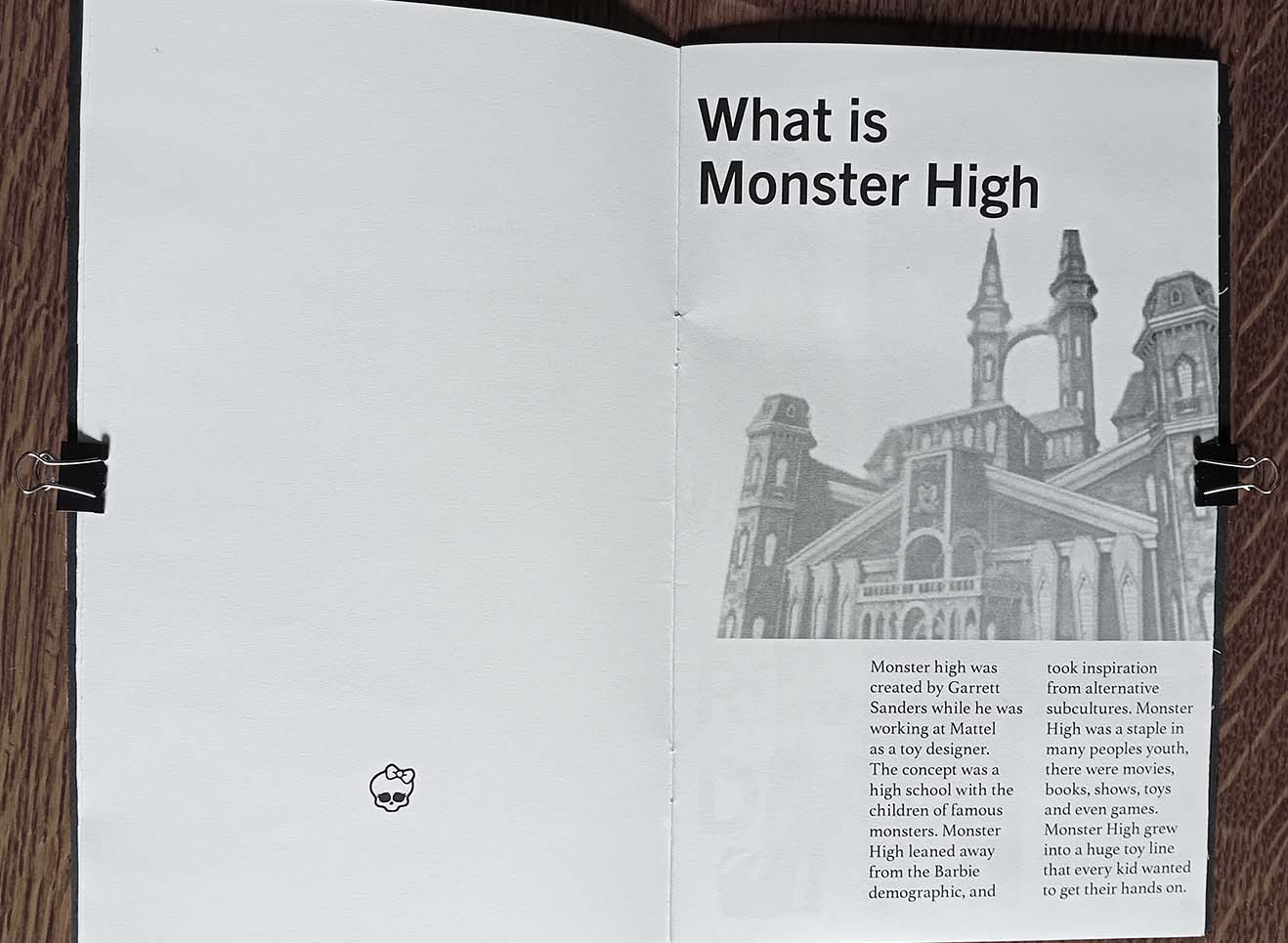Photograph of Full page spread with image of monster high school and introduction text