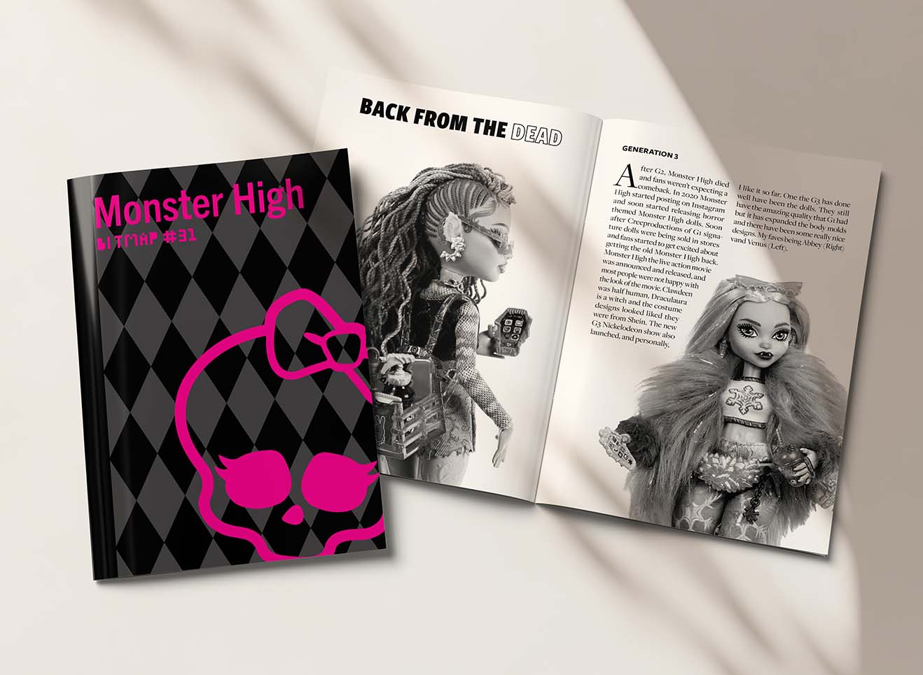 Zine cover with a pink skull, and a open page spread behind.
