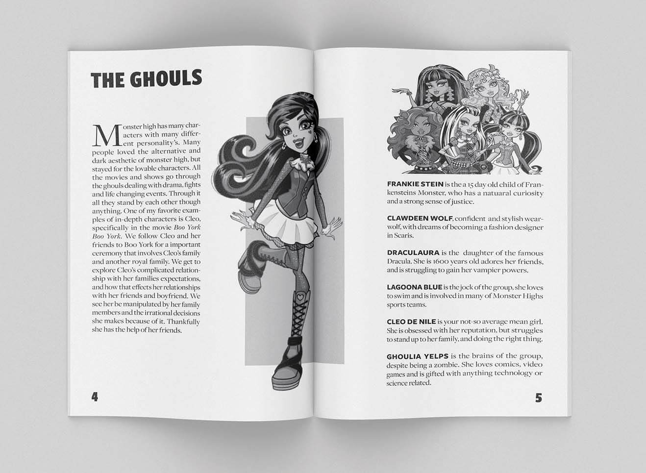 Full page spread with character descriptions and illustrations and changed layout