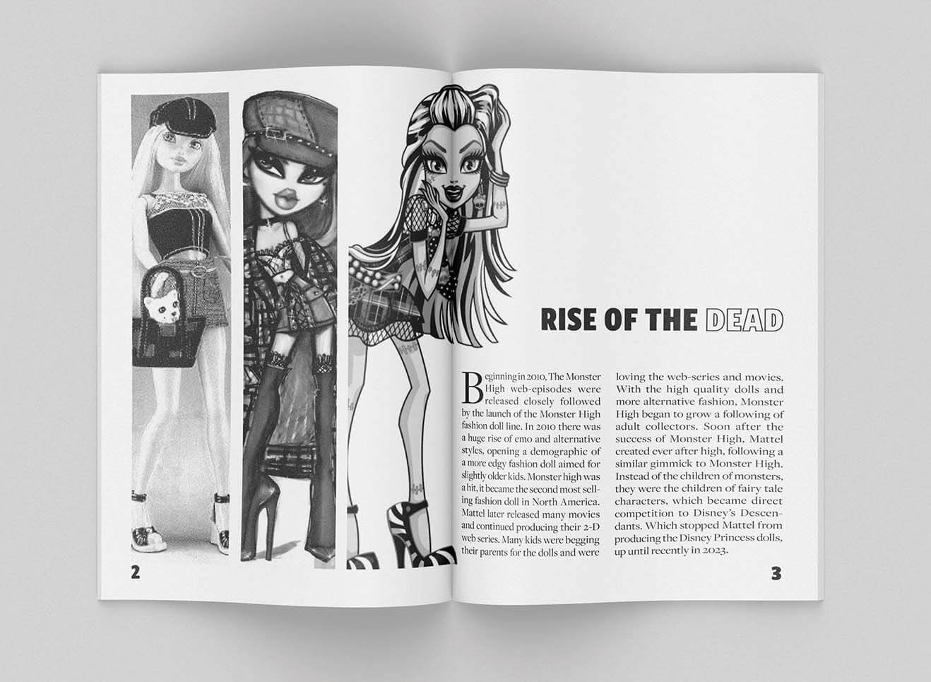 Full page spread with a Bratz doll illustration, Barbie doll and Monster High doll illustration
