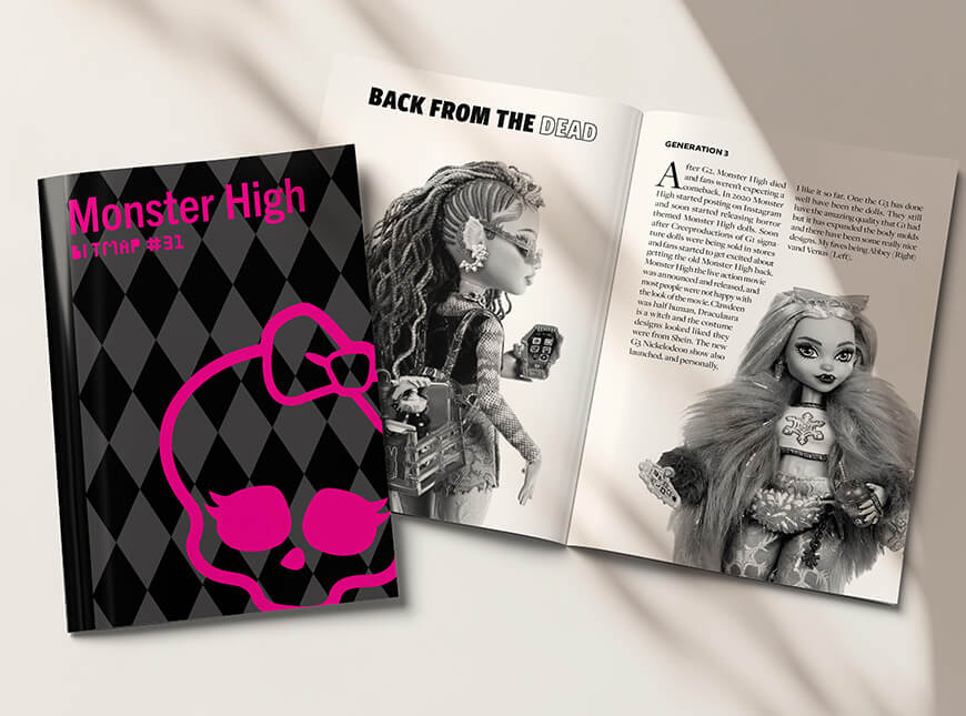 Zine cover with a pink skull, and a open page spread behind.