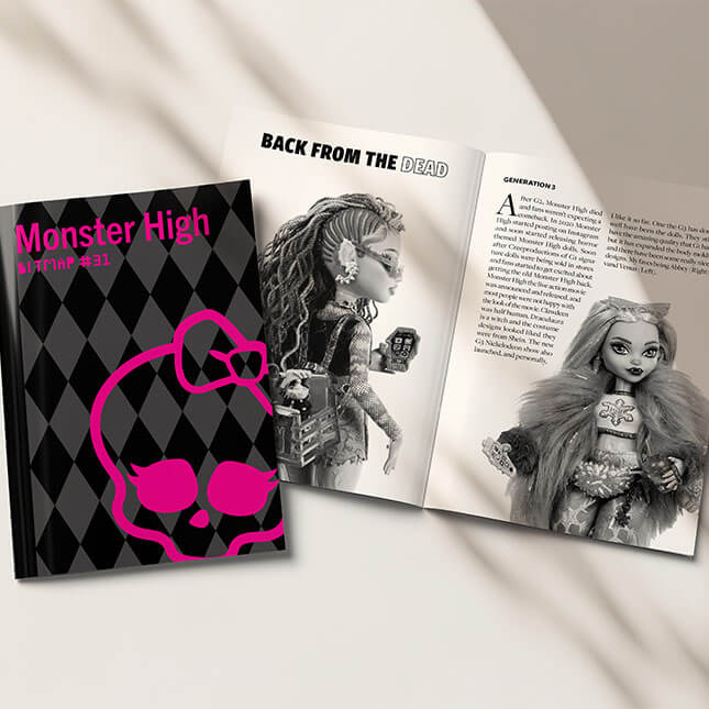 Zine cover with a pink skull, and a open page spread behind.